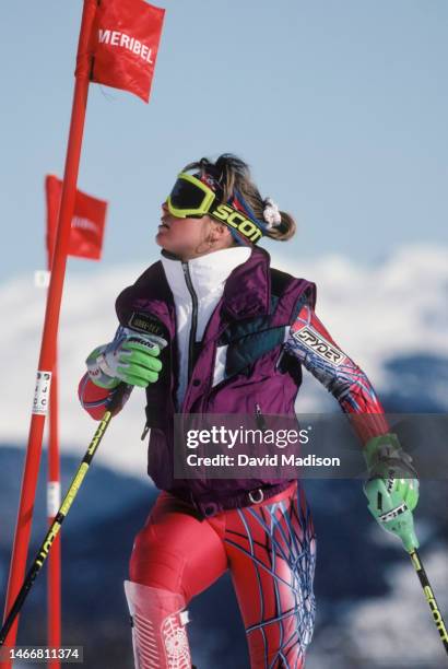 Heidi Voelker of the USA previews the course before the Women's Slalom race of the Alpine Skiing competition of the 1992 Winter Olympics on February...