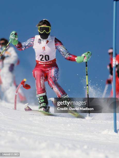 Heidi Voelker of the USA competes in the Women's Slalom race of the Alpine Skiing competition of the 1992 Winter Olympics on February 20, 1992 at...