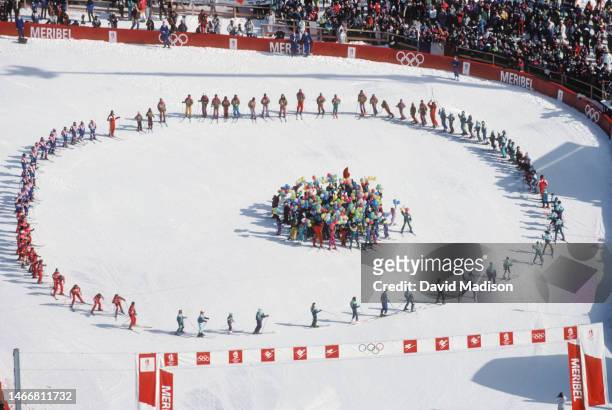 Balloons are released in a ceremony during the Women's Slalom race of the Alpine Skiing competition of the 1992 Winter Olympics on February 20, 1992...