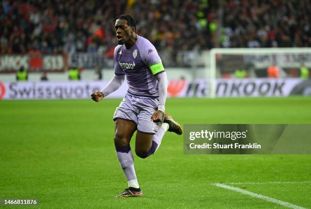 Axel Disasi of AS Monaco celebrates after scoring the team's third goal during the UEFA Europa League knockout round play-off leg one match between...