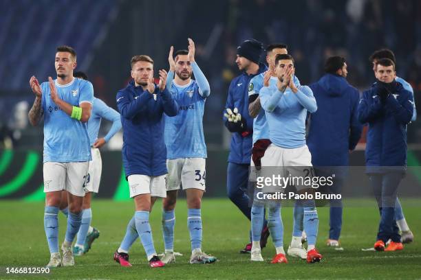 Lazio players applaud the fans after the team's victory during the UEFA Europa Conference League knockout round play-off leg one match between SS...