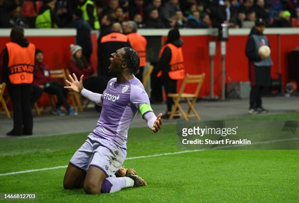 Axel Disasi of AS Monaco celebrates after scoring the team's third goal during the UEFA Europa League knockout round play-off leg one match between...