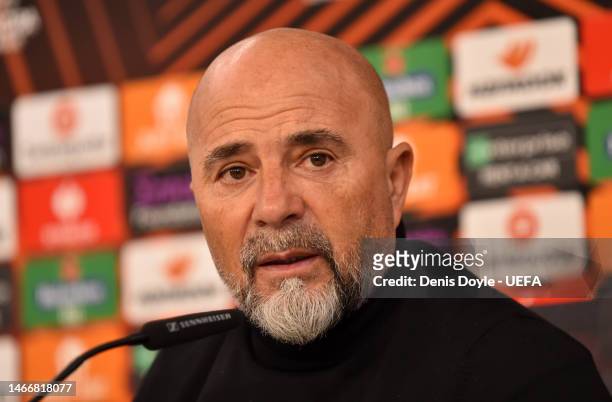 Jorge Sampaoli, Head Coach of Sevilla FC, speaks to the media in the post match press conference after the team's victory during the UEFA Europa...