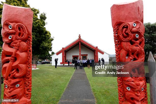 Crown Princess Victoria & Prince Daniel attend a pōwhiri held at Waiwhetū Marae, Lower Hutt on February 17, 2023 in Wellington, New Zealand. Her...