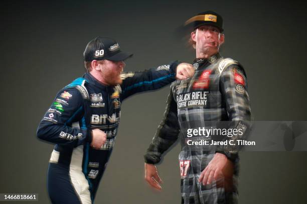 Drivers Travis Pastrana and Conor Daly pose for a photo during NASCAR Production Days at Daytona International Speedway on February 16, 2023 in...
