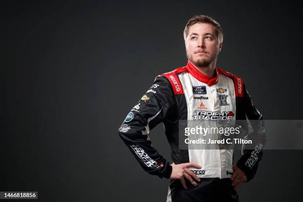 Driver Garrett Smithley poses for a photo during NASCAR Production Days at Daytona International Speedway on February 16, 2023 in Daytona Beach,...