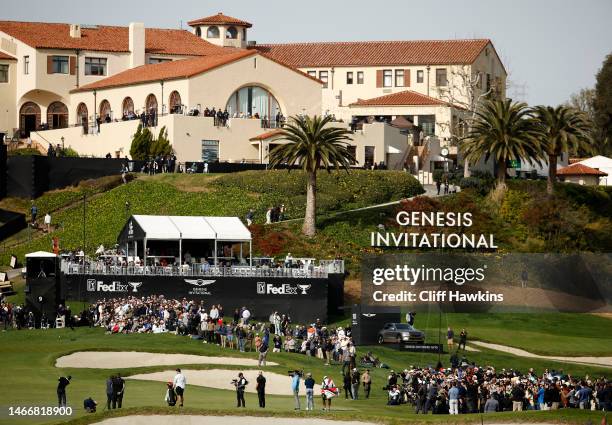 General view as Tiger Woods of the United States plays his shot on the ninth hole during the first round of the The Genesis Invitational at Riviera...