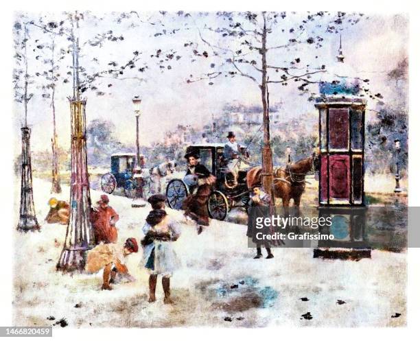 children playing in snow in paris france 1899 - 1899 stock illustrations