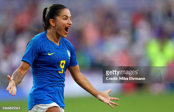 Debinha of Brazil celebrates a goal during the She Believes Cup against the Japan at Exploria Stadium on February 16, 2023 in Orlando, Florida.