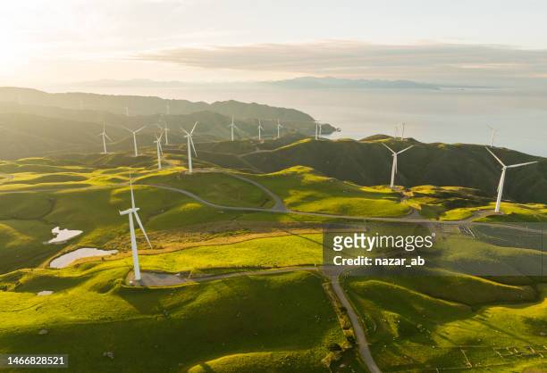 wind turbine mills on coastal hills. - new zealand farm stock pictures, royalty-free photos & images