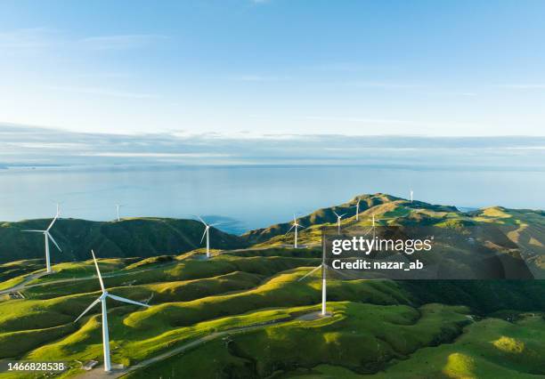 malerische landschaft, windmühlenturbinen. - wellington nz stock-fotos und bilder