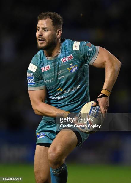 Aidan Sezer of Leeds during the Betfred Super League between Warrington Wolves and Leeds Rhinos at The Halliwell Jones Stadium on February 16, 2023...