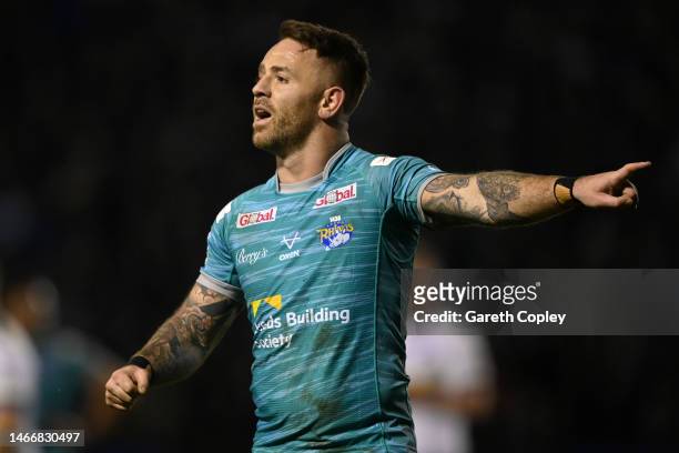 Richie Myler of Leeds during the Betfred Super League between Warrington Wolves and Leeds Rhinos at The Halliwell Jones Stadium on February 16, 2023...