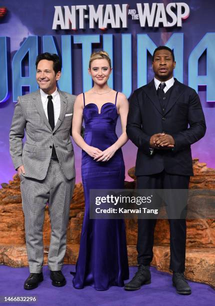 Peyton Reed, Kathryn Newton and Paul Rudd attend the "Ant-Man And The Wasp: Quantumania" UK Gala Screening at BFI IMAX Waterloo on February 16, 2023...