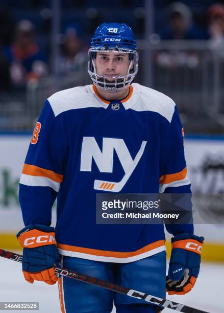 Alexander Romanov of the New York Islanders skates during warmups before a game against the Ottawa Senators at UBS Arena on February 14, 2023 in...
