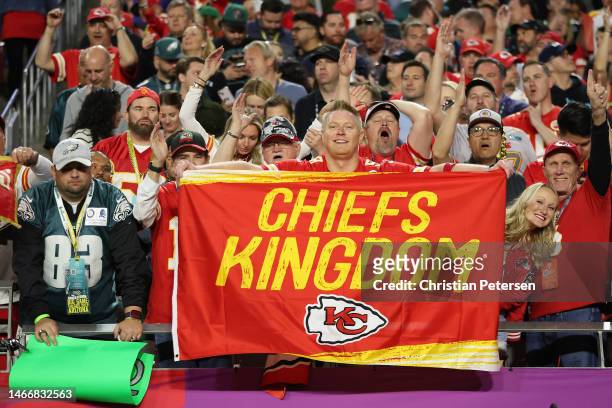 Kansas City Chiefs fans hold up a banner in Super Bowl LVII at State Farm Stadium on February 12, 2023 in Glendale, Arizona. The Chiefs defeated the...
