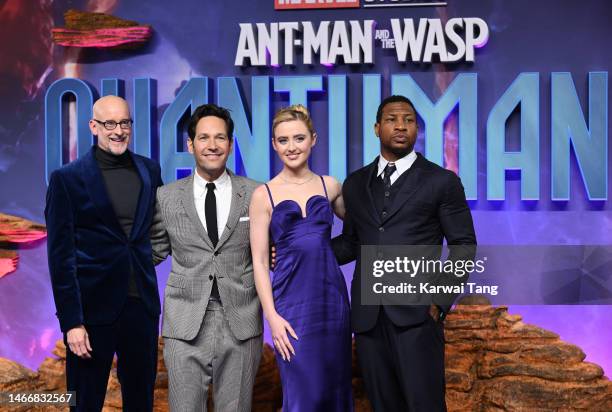 Peyton Reed, Paul Rudd, Kathryn Newton and Jonathan Majors attend the "Ant-Man And The Wasp: Quantumania" UK Gala Screening at BFI IMAX Waterloo on...