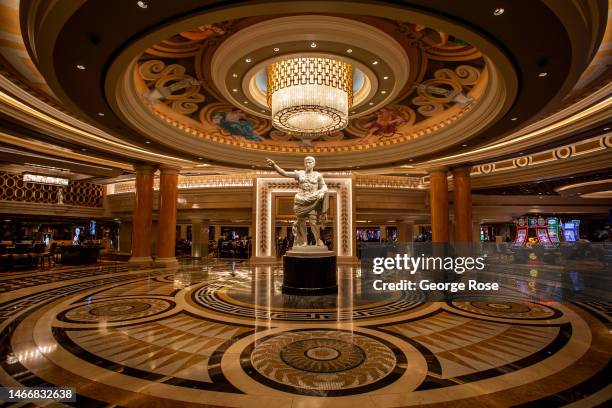 The newly refurbished main entrance to Caesars Palace Hotel & Casino is viewed on February 10, 2023 in Las Vegas, Nevada. Las Vegas will play host to...