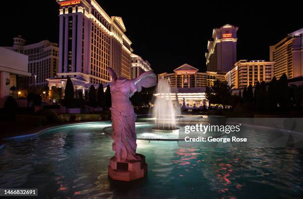 The exterior of Caesars Palace Hotel & Casino is viewed in the early morning hours on February 10, 2023 in Las Vegas, Nevada. Las Vegas will play...