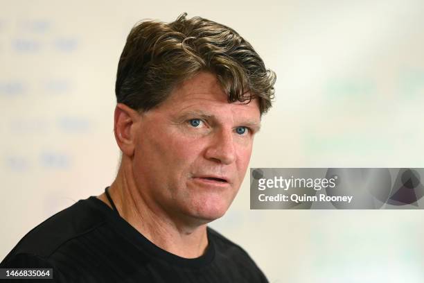 Robert Harvey the assistant coach of the Saints talks to the media during a St Kilda Saints AFL training session at RSEA Park on February 17, 2023 in...