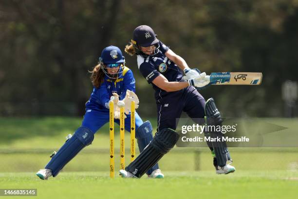 Nicole Faltum of Victoria is bowled by Jannatul Sumona of the Meteors during the WNCL match between ACT and Victoria at EPC Solar Park, on February...