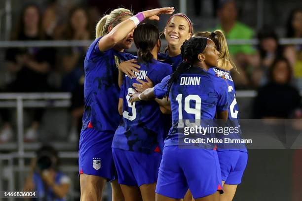 Mallory Swanson of the United States celebrates with Alex Morgan after scoring a goal against Canada during the first half in the 2023 SheBelieves...