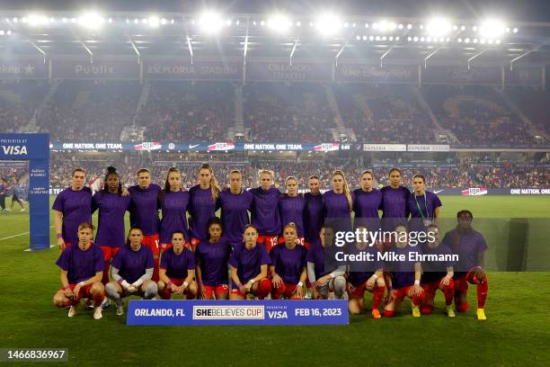 Team Canada poses on the field prior to the 2023 SheBelieves Cup match against the United States at Exploria Stadium on February 16, 2023 in Orlando,...