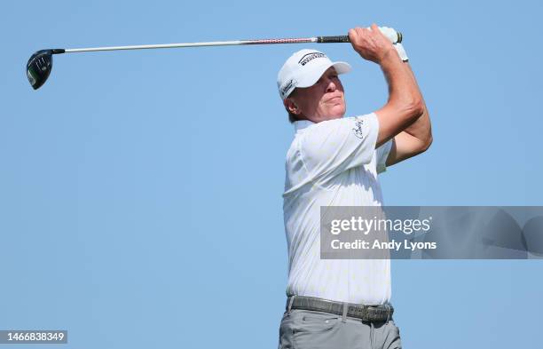 Steve Stricker hits his tee shot on the second hole during the final round of the Mitsubishi Electric Championship at Hualalai at Hualalai Golf Club...