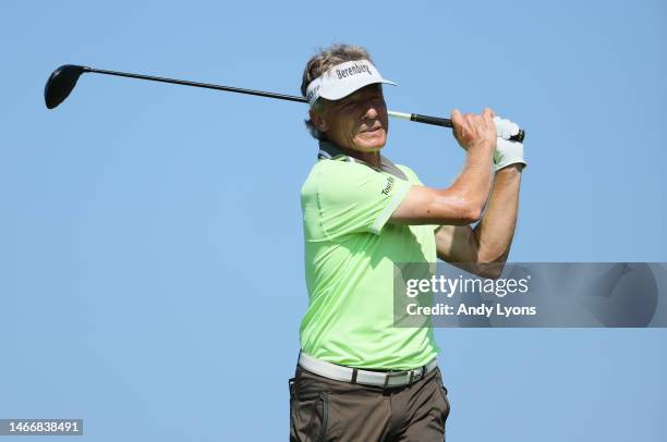 Bernhard Langer of Germany hits his tee shot on the second hole during the final round of the Mitsubishi Electric Championship at Hualalai at...