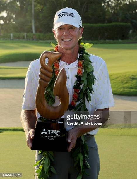 Steve Stricker holds the winner's trophy after winning the Mitsubishi Electric Championship at Hualalai at Hualalai Golf Club on January 21, 2023 in...