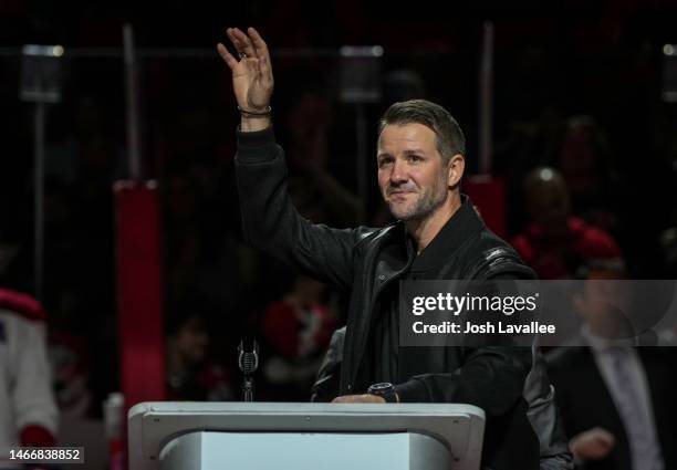 Cam Ward speaks during his Carolina Hurricanes hall of fame induction ceremony at PNC Arena on February 16, 2023 in Raleigh, North Carolina.