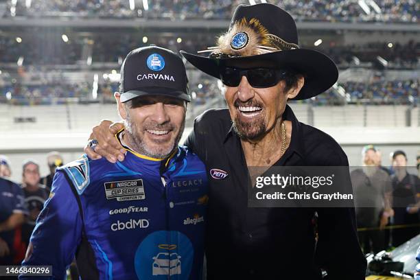 Legacy Motor Club team owners, Jimmie Johnson, driver of the Carvana Chevrolet, and NASCAR Hall of Famer Richard Petty pose for photos prior to the...