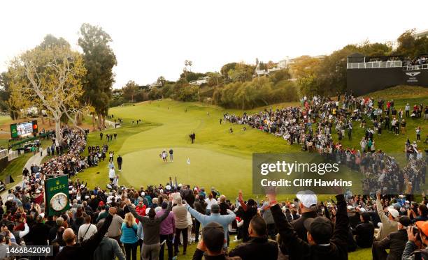General view of the 18th green during the first round of the The Genesis Invitational at Riviera Country Club on February 16, 2023 in Pacific...