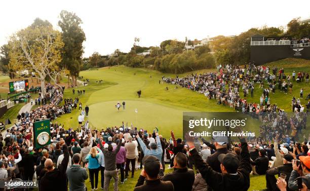 General view of the 18th green during the first round of the The Genesis Invitational at Riviera Country Club on February 16, 2023 in Pacific...
