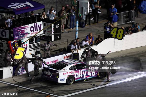 Alex Bowman, driver of the Ally Chevrolet, pits during the NASCAR Cup Series Bluegreen Vacations Duel at Daytona International Speedway on February...