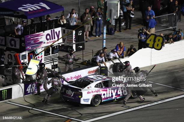 Alex Bowman, driver of the Ally Chevrolet, pits during the NASCAR Cup Series Bluegreen Vacations Duel at Daytona International Speedway on February...