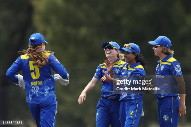 Jannatul Sumona of the Meteors celebrates taking the wicket of Tess Flintoff of Victoria during the WNCL match between ACT and Victoria at EPC Solar...