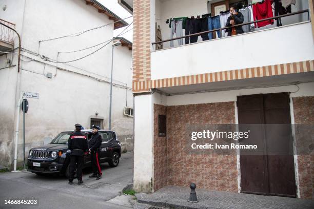 Carabinieri are on hand for the demolition of the bunker hideout of mafia boss Michele Zagaria on February 16, 2023 in Casapesenna, Italy. Zagaria,...