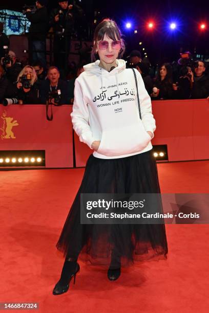 Meret Becker attends the "She Came to Me" premiere and Opening Ceremony red carpet during the 73rd Berlinale International Film Festival Berlin at...