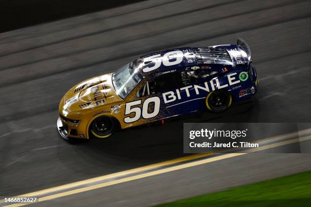 Conor Daly, driver of the BitNile.com Chevrolet, drives during the NASCAR Cup Series Bluegreen Vacations Duel at Daytona International Speedway on...