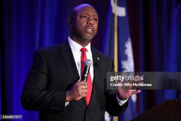 Sen. Tim Scott delivers remarks at the Charleston County Republican Party’s Black History Month Banquet February 16, 2023 in Charleston, South...