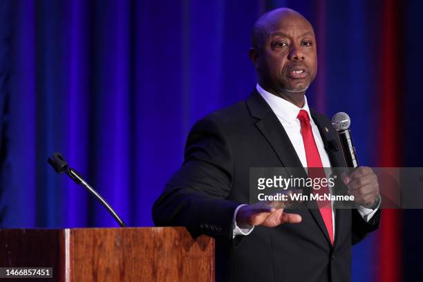 Sen. Tim Scott delivers remarks at the Charleston County Republican Party’s Black History Month Banquet February 16, 2023 in Charleston, South...