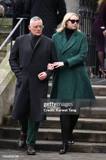 Giles Deacon and Gwendoline Christie attend the Memorial Service for Dame Vivienne Westwood at Southwark Cathedral on February 16, 2023 in London,...