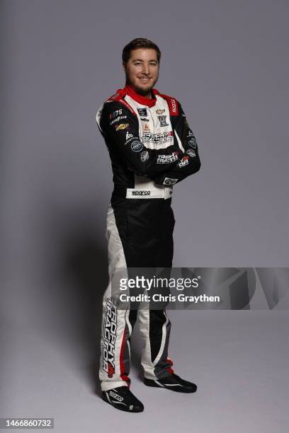 Driver Garrett Smithley poses for a photo during NASCAR production days at Daytona International Speedway on February 16, 2023 in Daytona Beach,...