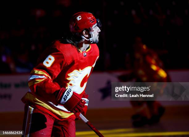 Chris Tanev of the Calgary Flames skates onto the ice for the start of the game against the Detroit Red Wings at the Scotiabank Saddledome on...