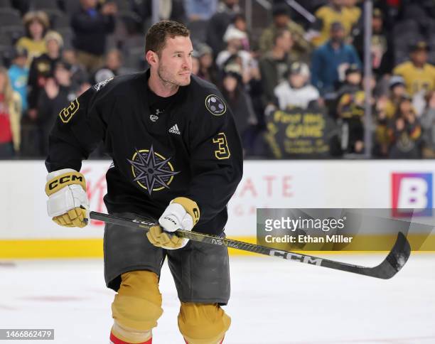 Brayden McNabb of the Vegas Golden Knights wears a specialty warmup jersey for Black History Month before a game against the San Jose Sharks at...