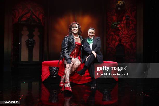 Jason Donovan and Myf Warhurst pose during a production media call of the Rocky Horror Show at Theatre Royal Sydney on February 17, 2023 in Sydney,...