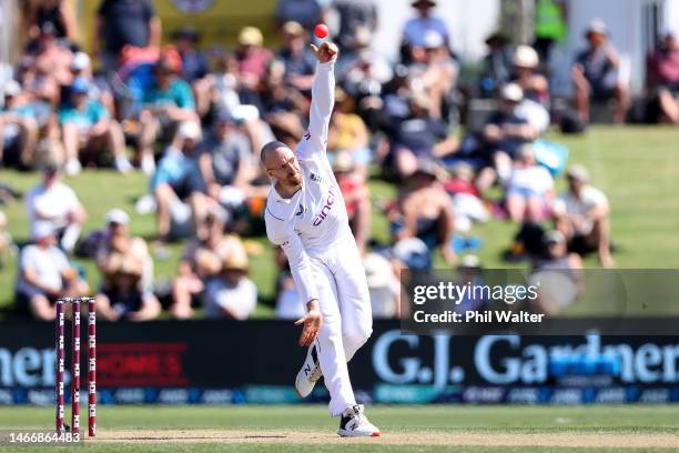 Jack Leach of England bowls during day two of the First Test match in the series between the New Zealand Blackcaps and England at the Bay Oval on...
