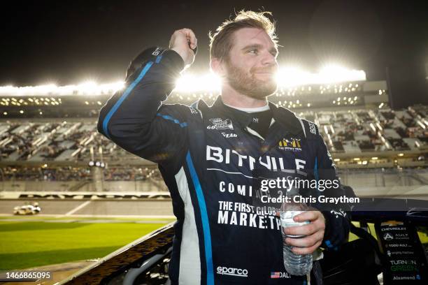 Conor Daly, driver of the BitNile.com Chevrolet, reacts after the NASCAR Cup Series Bluegreen Vacations Duel at Daytona International Speedway on...