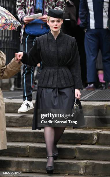 Elle Fanning attends the Memorial Service for Dame Vivienne Westwood at Southwark Cathedral on February 16, 2023 in London, England. British fashion...